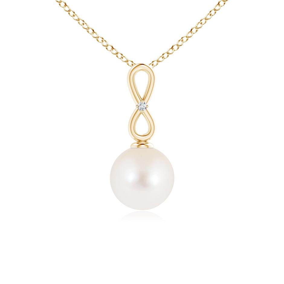 8mm AAA Freshwater Pearl Infinity Loop Pendant with Diamond in Yellow Gold 