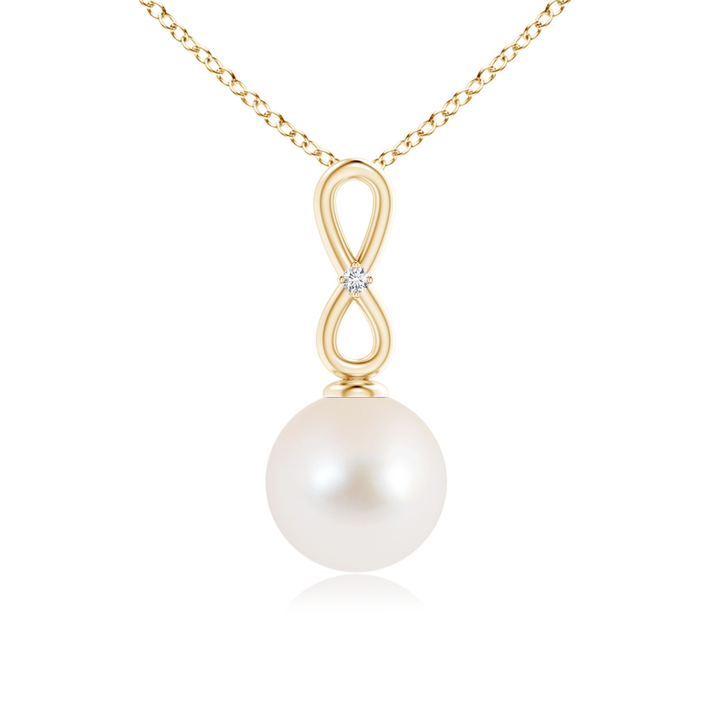 9mm AAA Freshwater Pearl Infinity Loop Pendant with Diamond in Yellow Gold 