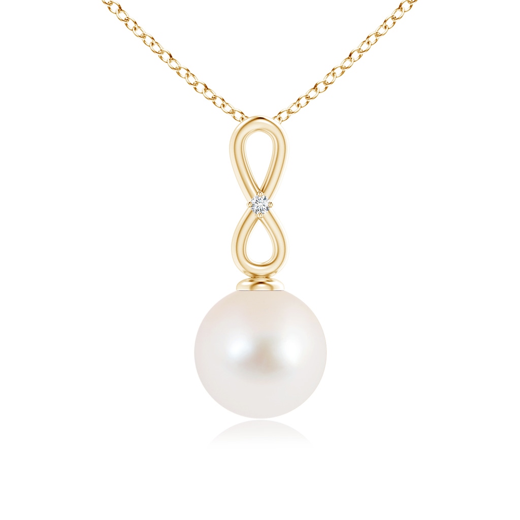 9mm AAA Freshwater Pearl Infinity Loop Pendant with Diamond in Yellow Gold