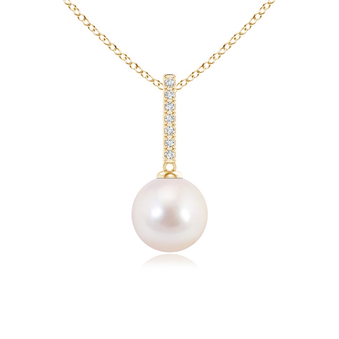 8mm AAAA Japanese Akoya Pearl Drop Pendant with Diamond Studded Bar in Yellow Gold