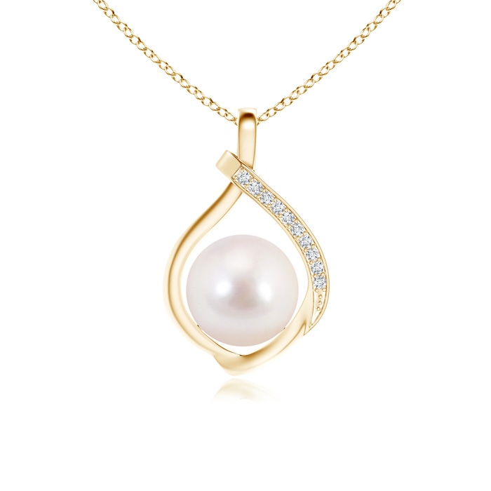 8mm AAAA Japanese Akoya Pearl Loop Pendant with Diamonds in Yellow Gold