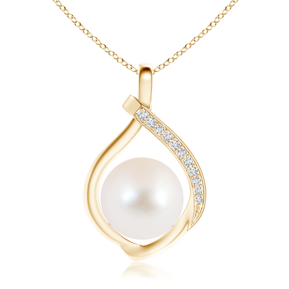 10mm AAA Freshwater Pearl Loop Pendant with Diamonds in Yellow Gold 