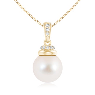 10mm AAA Freshwater Cultured Pearl Dangle Pendant with Diamonds in Yellow Gold