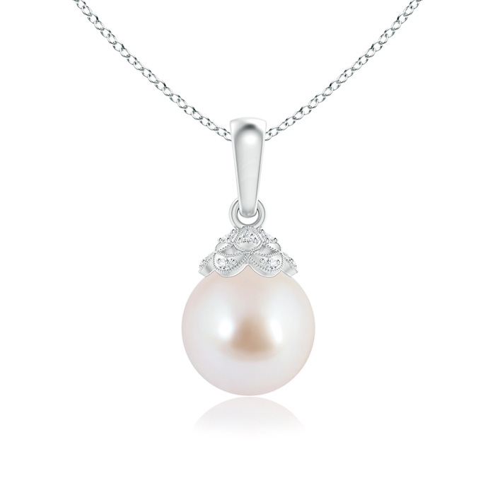8mm AAA Japanese Akoya Pearl Pendant with Diamond Studded Crown in White Gold