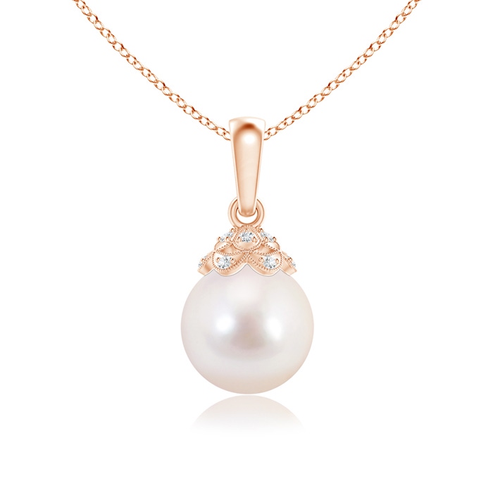 8mm AAAA Japanese Akoya Pearl Pendant with Diamond Studded Crown in Rose Gold