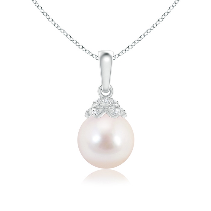 8mm AAAA Japanese Akoya Pearl Pendant with Diamond Studded Crown in S999 Silver