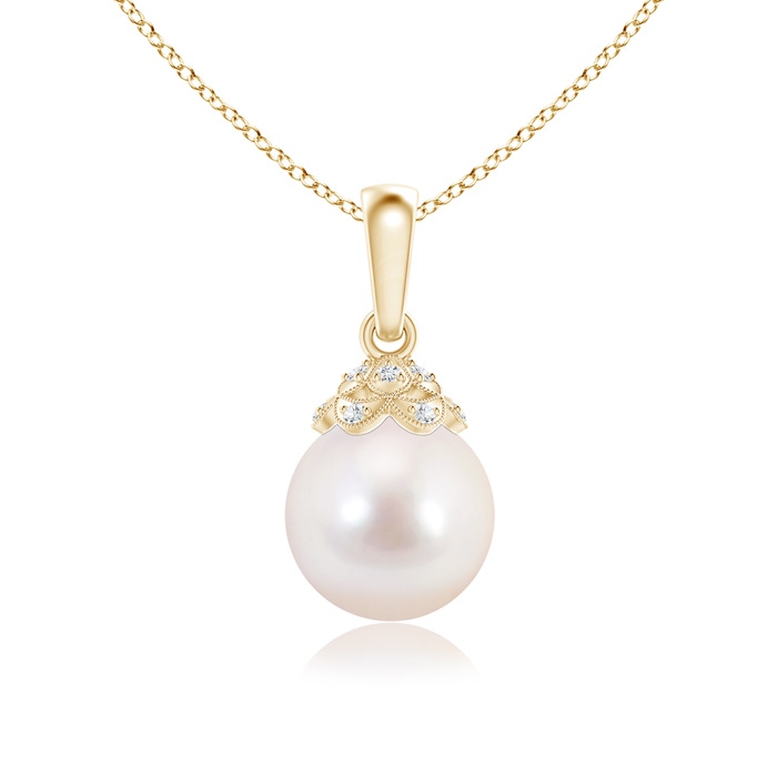 8mm AAAA Japanese Akoya Pearl Pendant with Diamond Studded Crown in Yellow Gold