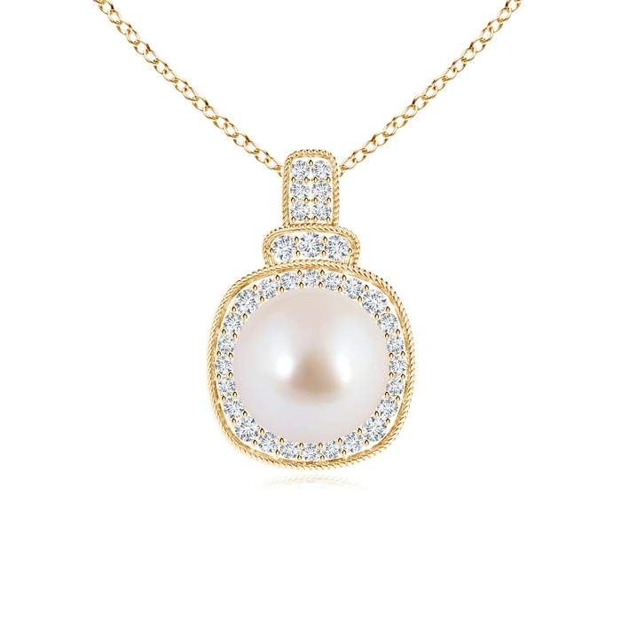 8mm AAA Akoya Cultured Pearl Rope-Edged Pendant with Diamond Halo in Yellow Gold