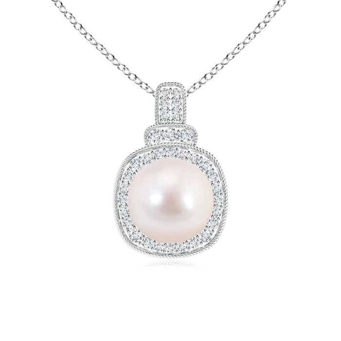 8mm AAAA Akoya Cultured Pearl Rope-Edged Pendant with Diamond Halo in S999 Silver