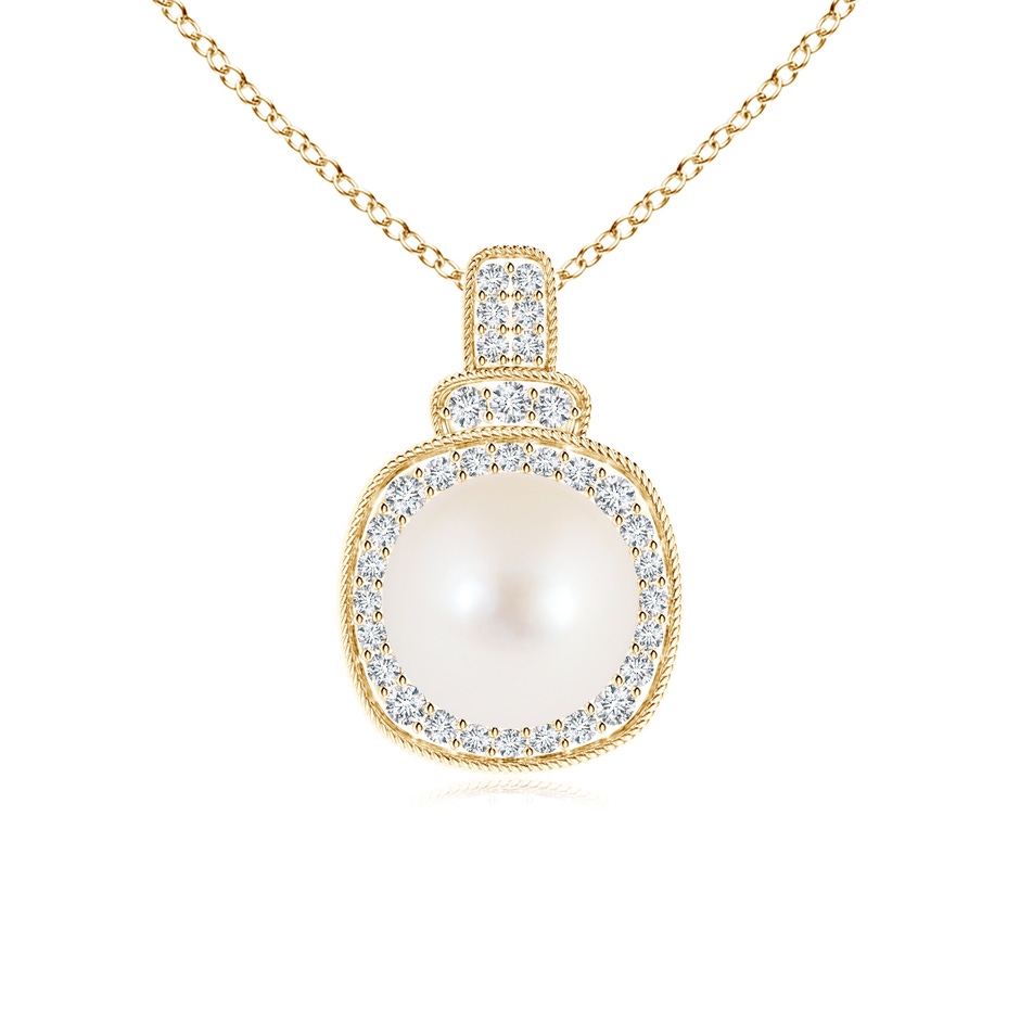 8mm AAA Freshwater Cultured Pearl Rope-Edged Pendant with Diamonds in Yellow Gold 