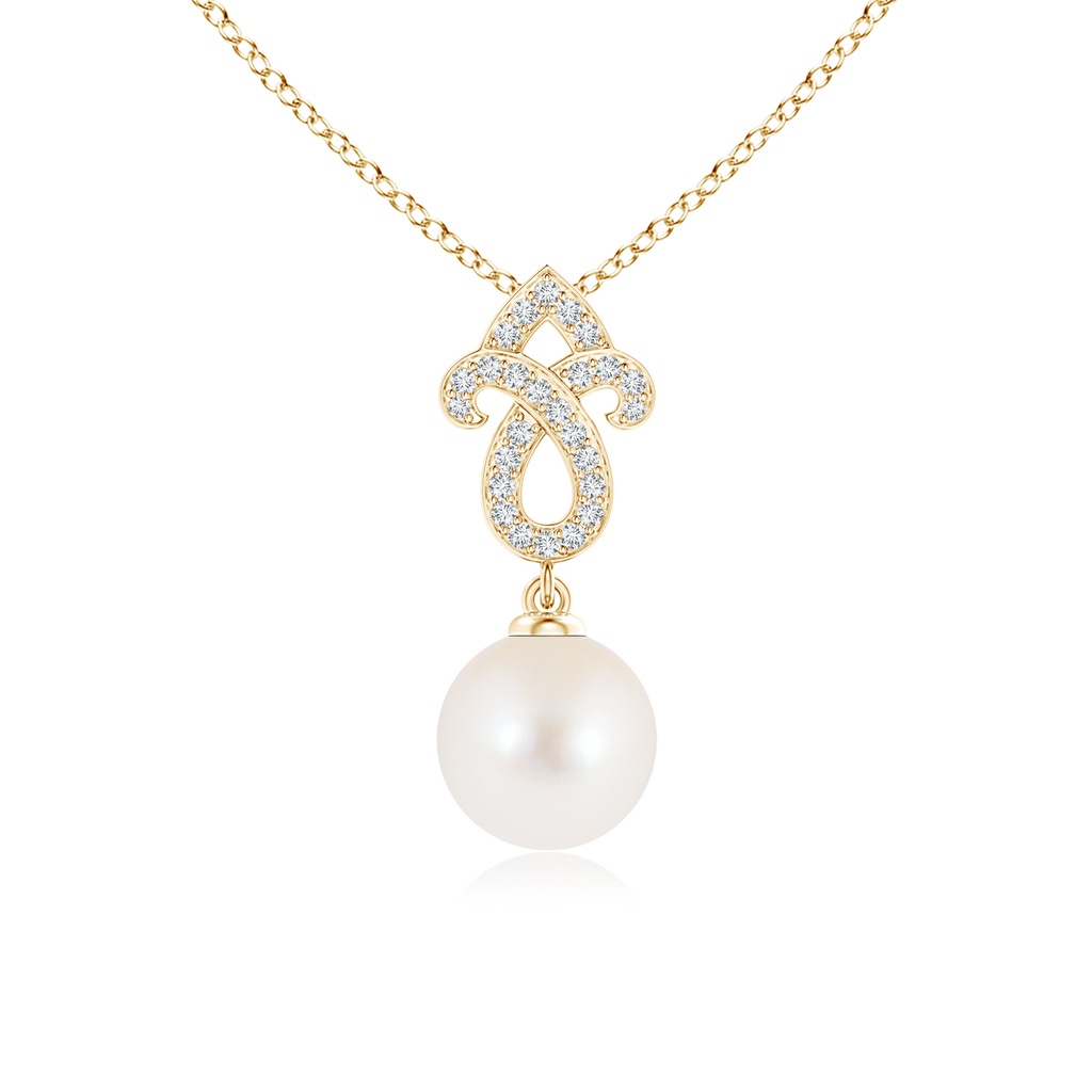 8mm AAA Freshwater Cultured Pearl Fleur De Lis Pendant with Diamonds in Yellow Gold