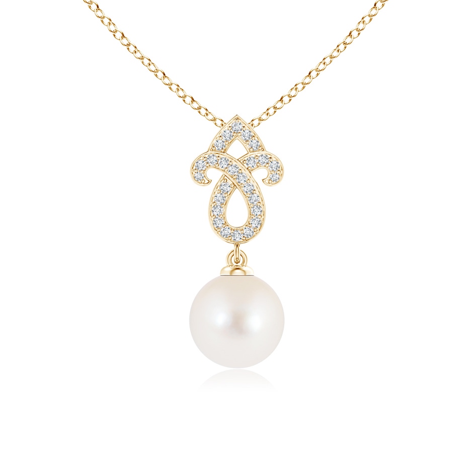 8mm AAA Freshwater Cultured Pearl Fleur De Lis Pendant with Diamonds in Yellow Gold 