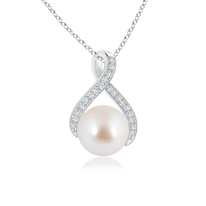 8mm AAA Japanese Akoya Pearl Swirl Ribbon Pendant with Diamonds in White Gold