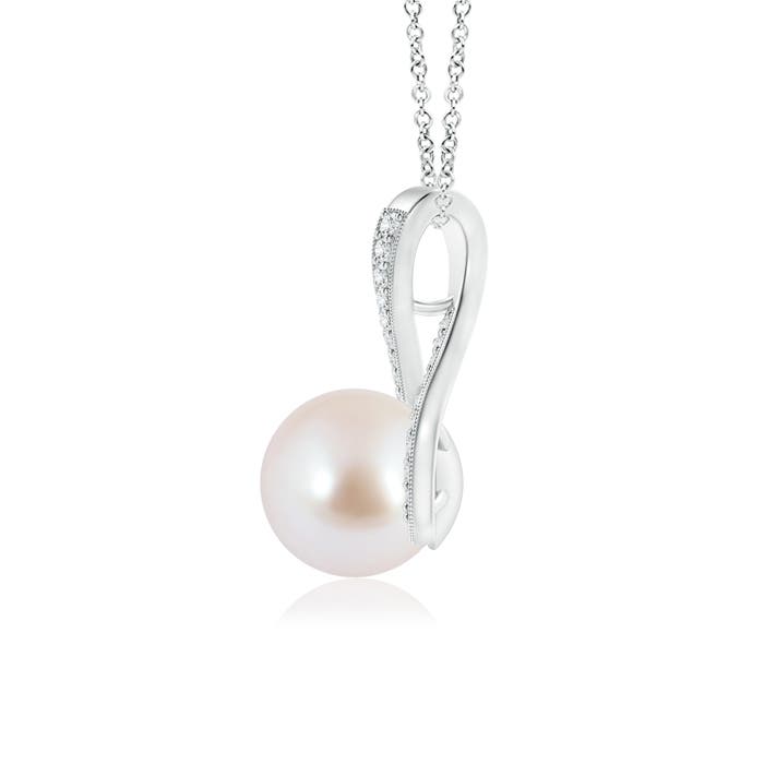 8mm AAA Japanese Akoya Pearl Swirl Ribbon Pendant with Diamonds in White Gold
