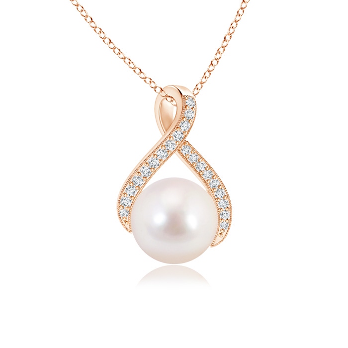 8mm AAAA Japanese Akoya Pearl Swirl Ribbon Pendant with Diamonds in Rose Gold