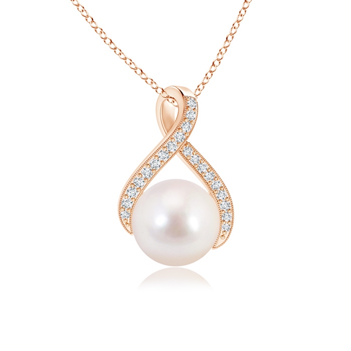 8mm AAAA Japanese Akoya Pearl Swirl Ribbon Pendant with Diamonds in Rose Gold 