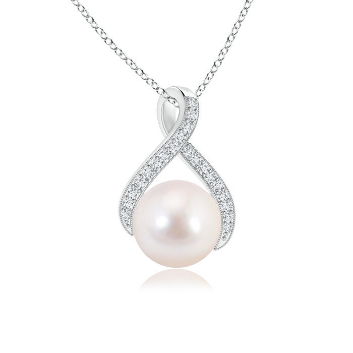 8mm AAAA Japanese Akoya Pearl Swirl Ribbon Pendant with Diamonds in White Gold 