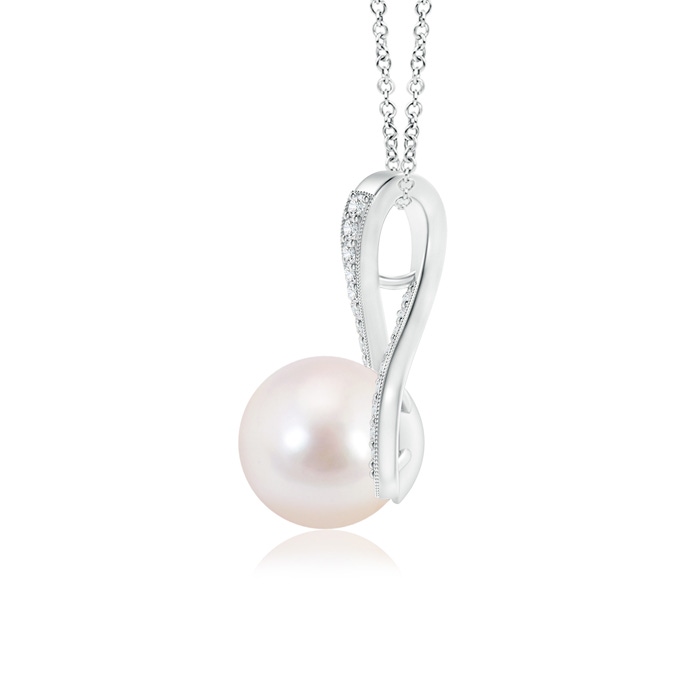 8mm AAAA Japanese Akoya Pearl Swirl Ribbon Pendant with Diamonds in White Gold Product Image
