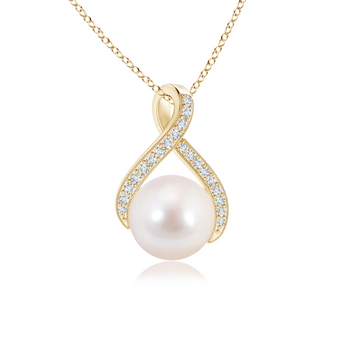 8mm AAAA Japanese Akoya Pearl Swirl Ribbon Pendant with Diamonds in Yellow Gold