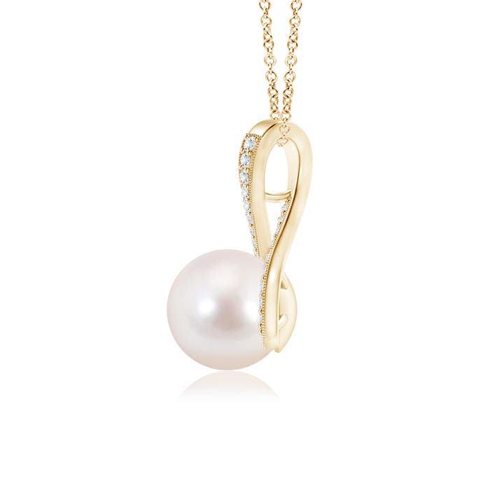 8mm AAAA Japanese Akoya Pearl Swirl Ribbon Pendant with Diamonds in Yellow Gold