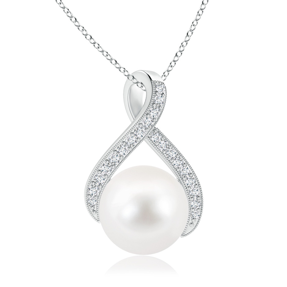 10mm AA Freshwater Pearl Swirl Ribbon Pendant with Diamonds in White Gold 