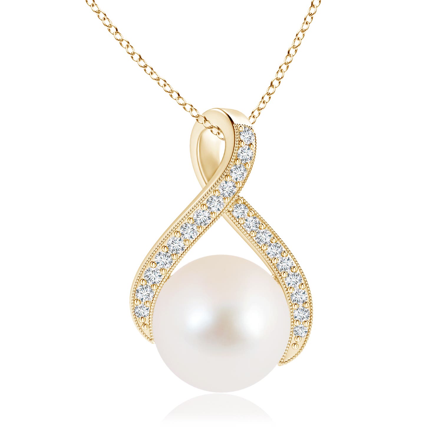 10mm AAA Freshwater Pearl Swirl Ribbon Pendant with Diamonds in 18K Yellow Gold