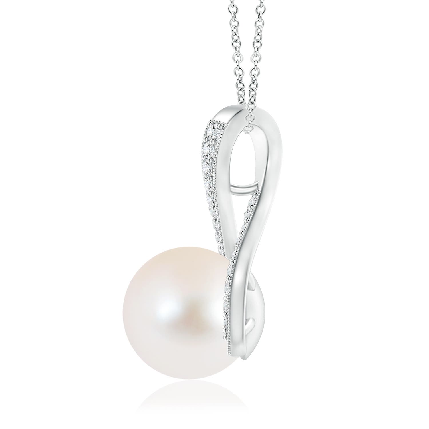 10mm AAA Freshwater Pearl Swirl Ribbon Pendant with Diamonds in White Gold