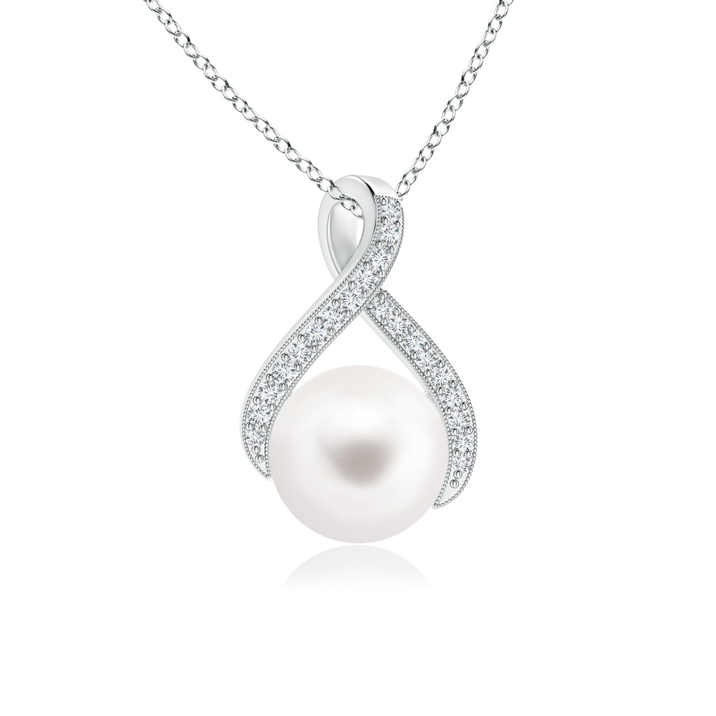 8mm AA Freshwater Pearl Swirl Ribbon Pendant with Diamonds in S999 Silver