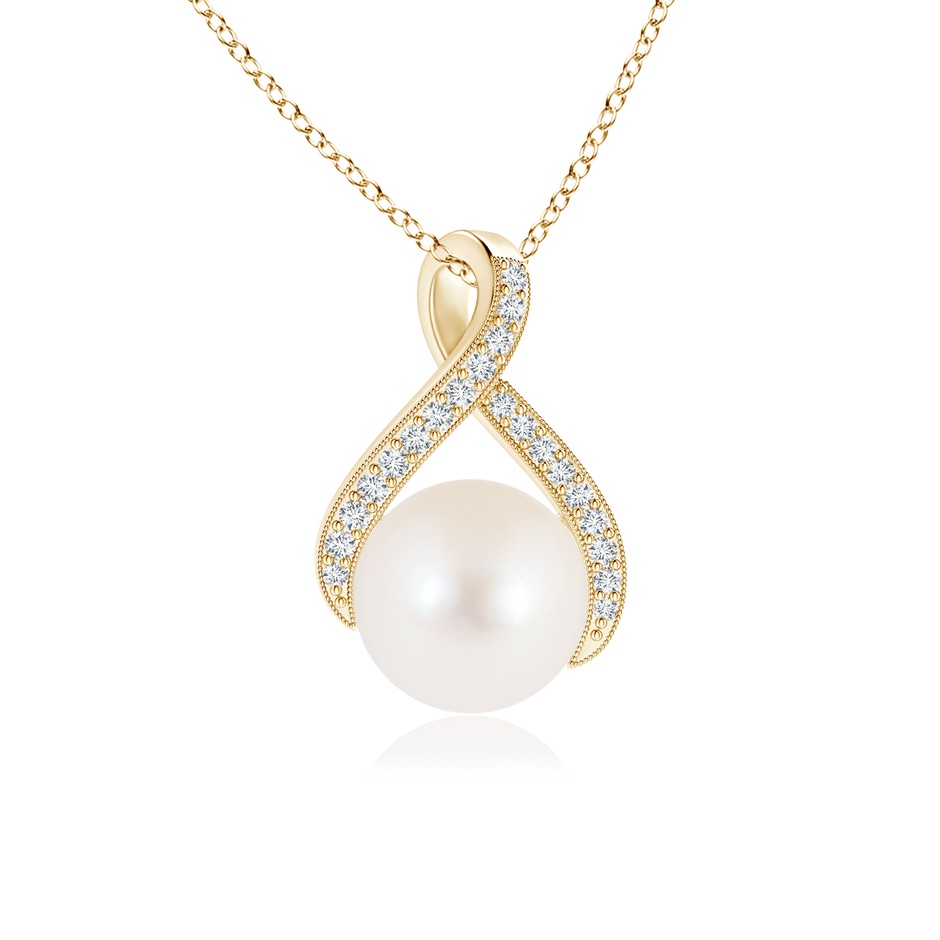 8mm AAA Freshwater Pearl Swirl Ribbon Pendant with Diamonds in 9K Yellow Gold 