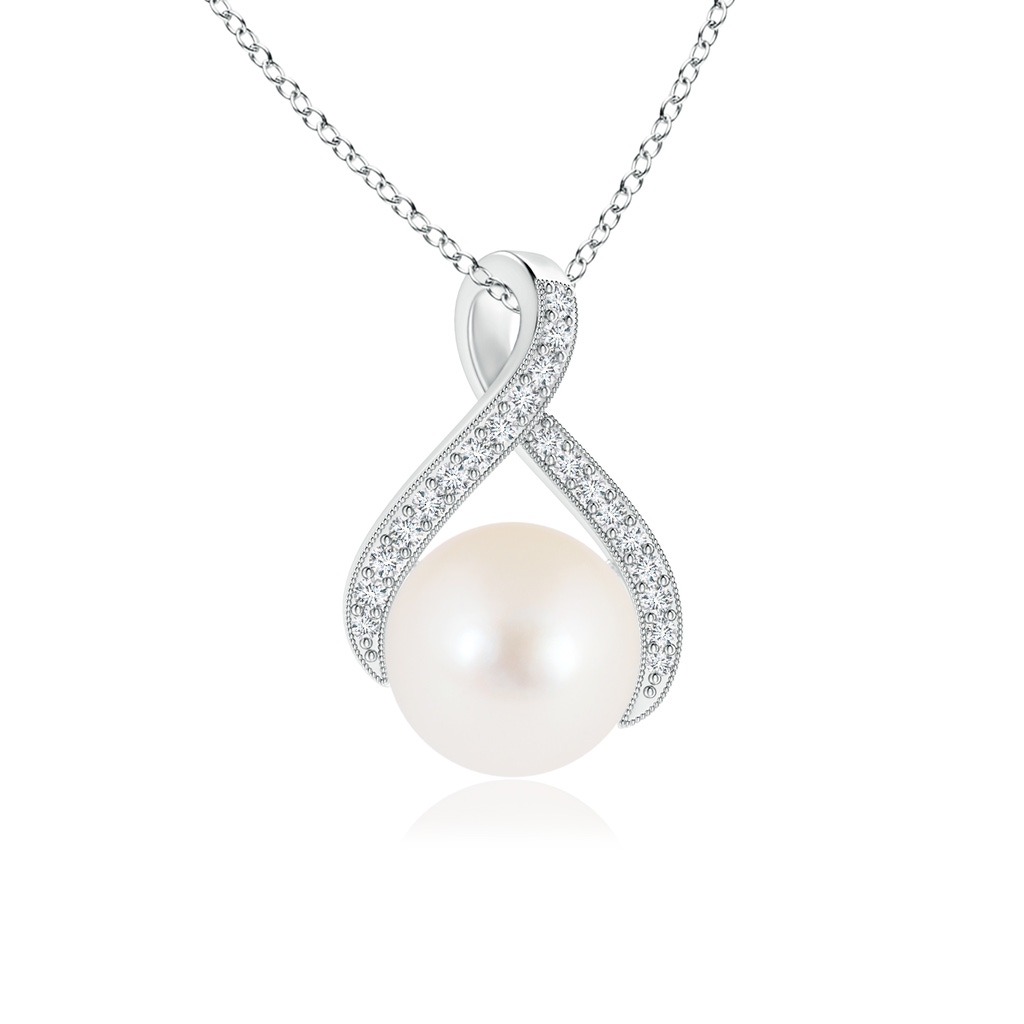 8mm AAA Freshwater Pearl Swirl Ribbon Pendant with Diamonds in S999 Silver