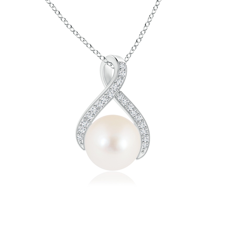 8mm AAA Freshwater Pearl Swirl Ribbon Pendant with Diamonds in White Gold 