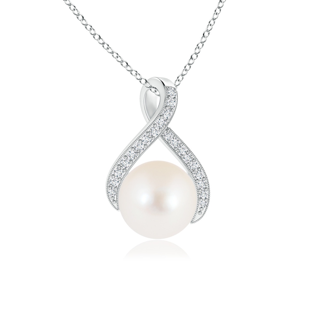 8mm AAA Freshwater Pearl Swirl Ribbon Pendant with Diamonds in White Gold