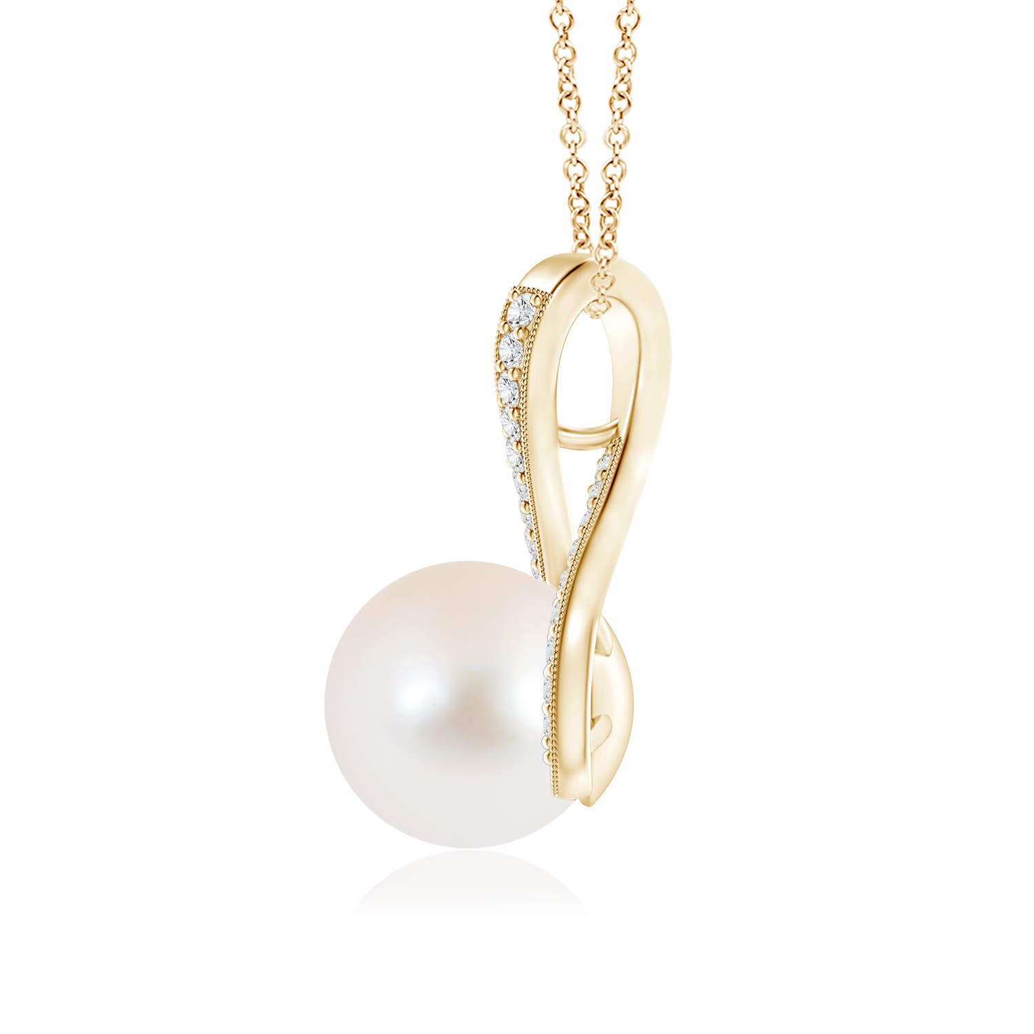 9mm AAA Freshwater Pearl Swirl Ribbon Pendant with Diamonds in 18K Yellow Gold