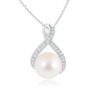 9mm AAA Freshwater Pearl Swirl Ribbon Pendant with Diamonds in White Gold
