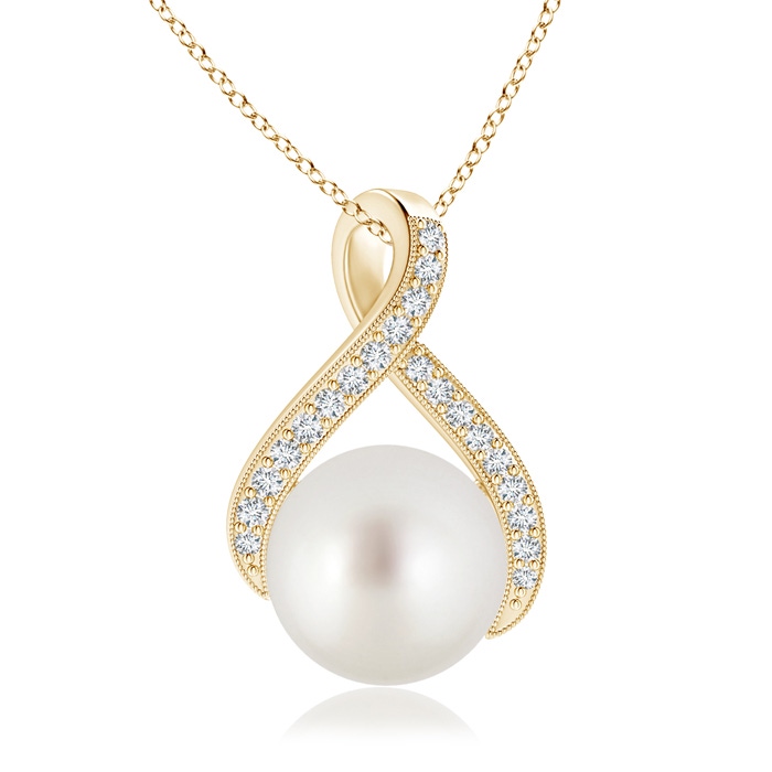 10mm AAA South Sea Pearl Swirl Ribbon Pendant with Diamonds in Yellow Gold 