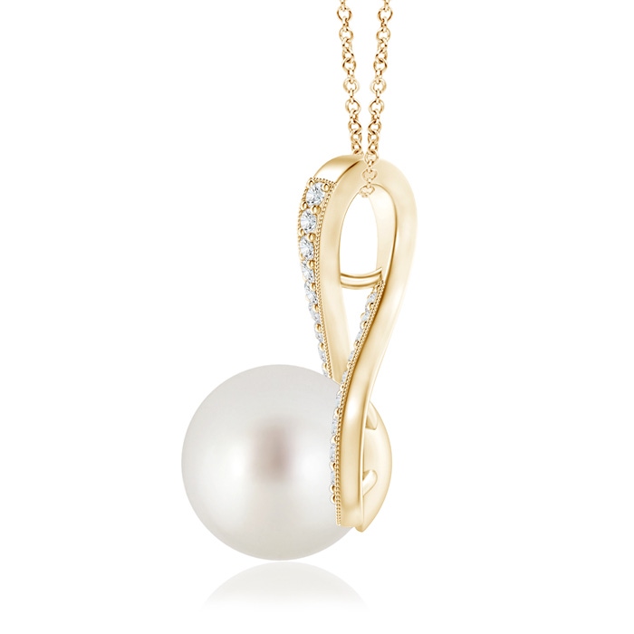 10mm AAA South Sea Pearl Swirl Ribbon Pendant with Diamonds in Yellow Gold product image