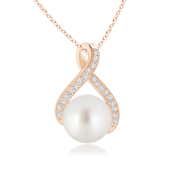 9mm AAA South Sea Pearl Swirl Ribbon Pendant with Diamonds in Rose Gold 