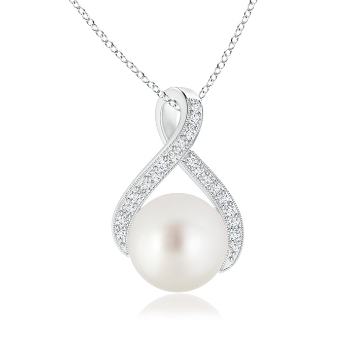 9mm AAA South Sea Pearl Swirl Ribbon Pendant with Diamonds in White Gold 