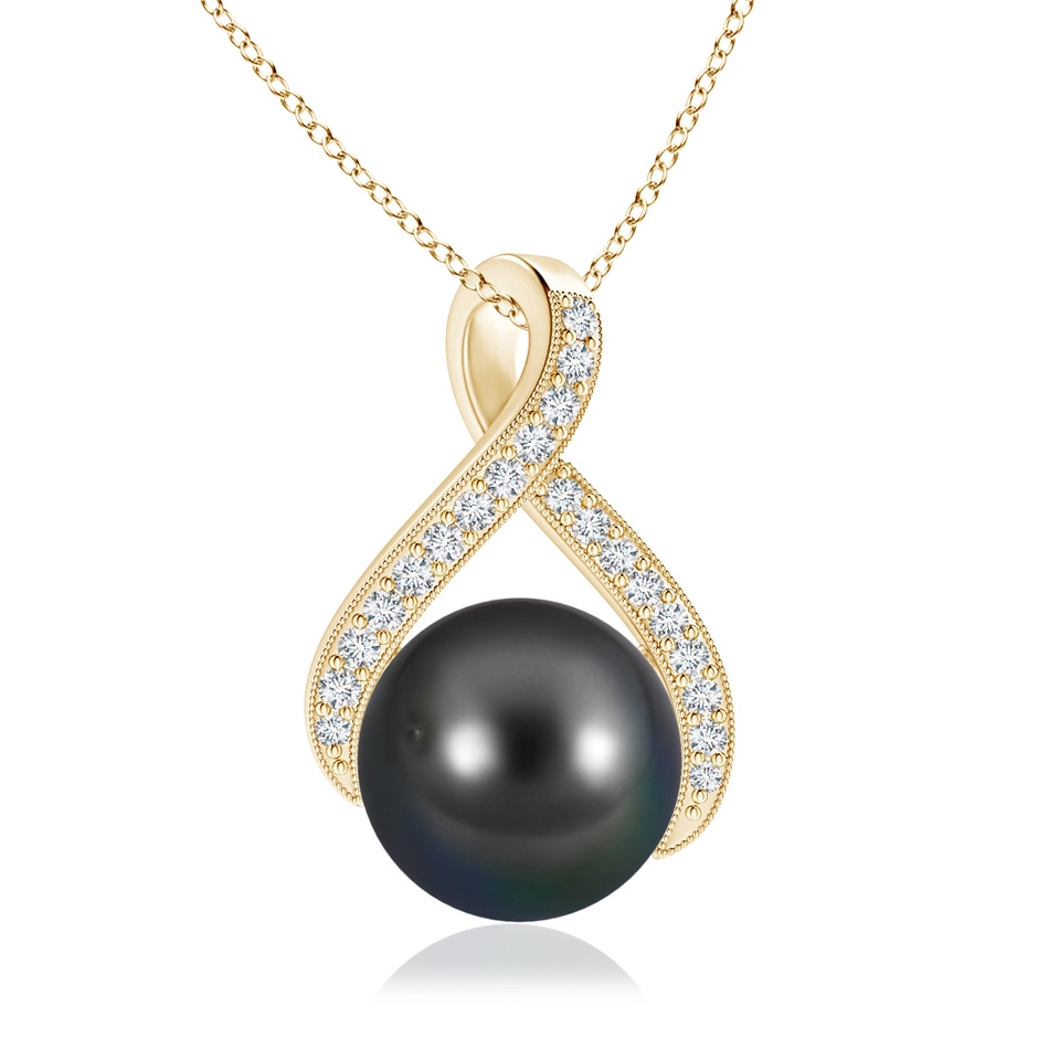 10mm AA Tahitian Pearl Swirl Ribbon Pendant with Diamonds in Yellow Gold 