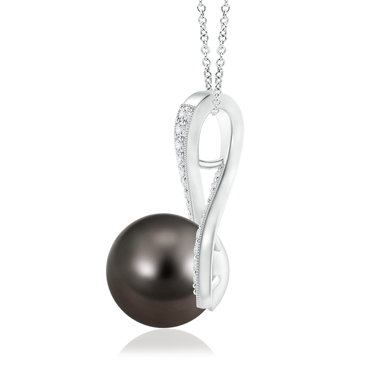 10mm AAA Tahitian Pearl Swirl Ribbon Pendant with Diamonds in White Gold - side 1