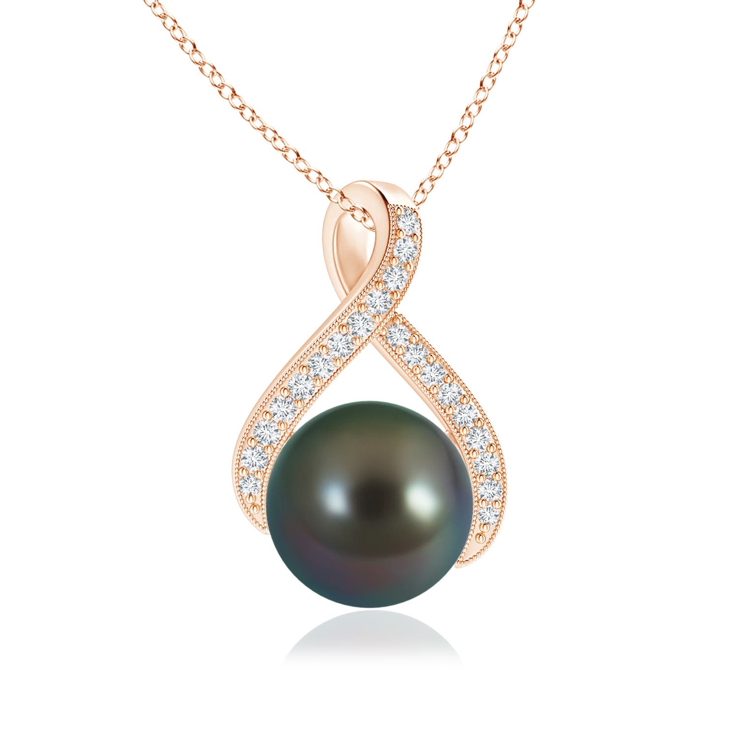 9mm AAAA Tahitian Pearl Swirl Ribbon Pendant with Diamonds in Rose Gold
