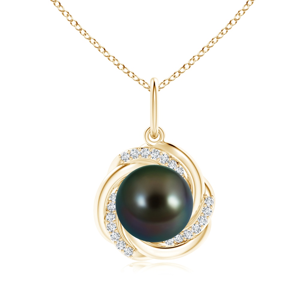 10mm AAAA Tahitian Pearl Overlapping Halo Pendant in Yellow Gold