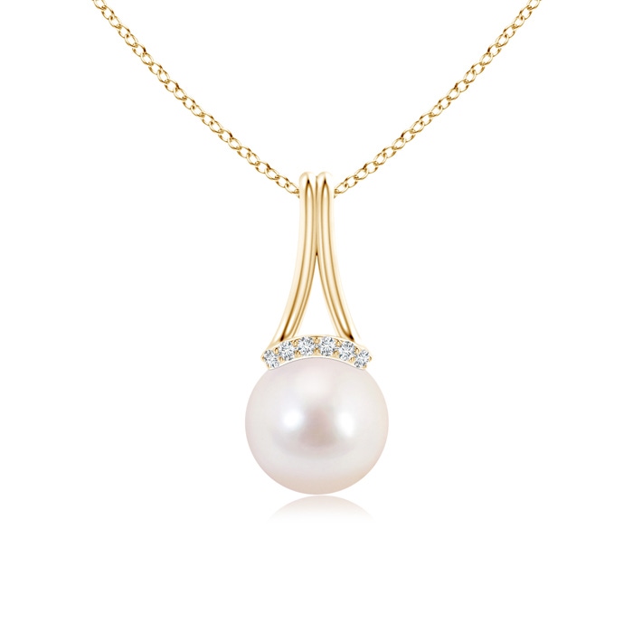 8mm AAAA Japanese Akoya Pearl Long Inverted V-Bale Pendant in Yellow Gold