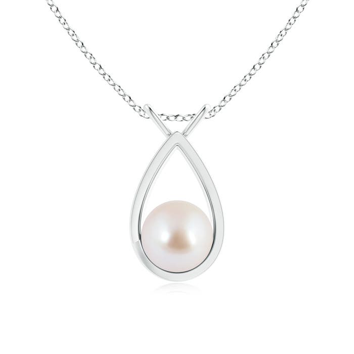 8mm AAA Solitaire Japanese Akoya Pearl V-Bale Drop Pendant in White Gold