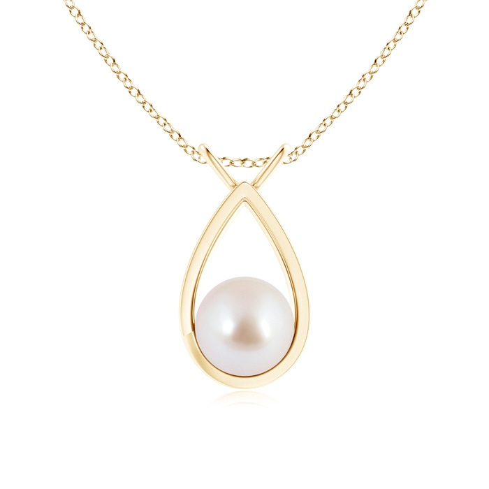 8mm AAA Solitaire Japanese Akoya Pearl V-Bale Drop Pendant in Yellow Gold