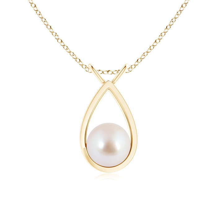 8mm AAA Solitaire Japanese Akoya Pearl V-Bale Drop Pendant in Yellow Gold 