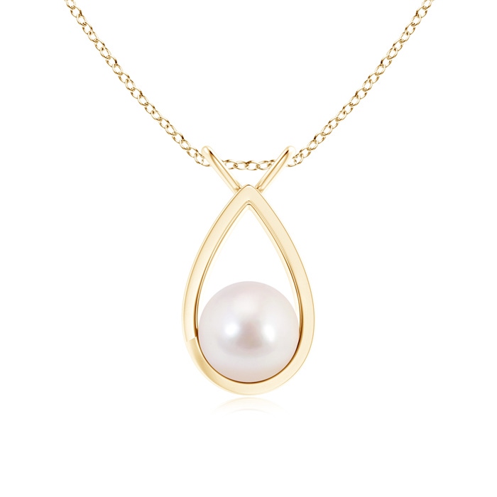 8mm AAAA Solitaire Japanese Akoya Pearl V-Bale Drop Pendant in Yellow Gold