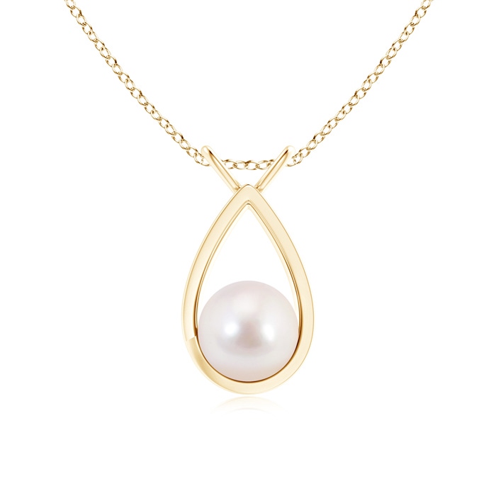 8mm AAAA Solitaire Japanese Akoya Pearl V-Bale Drop Pendant in Yellow Gold 