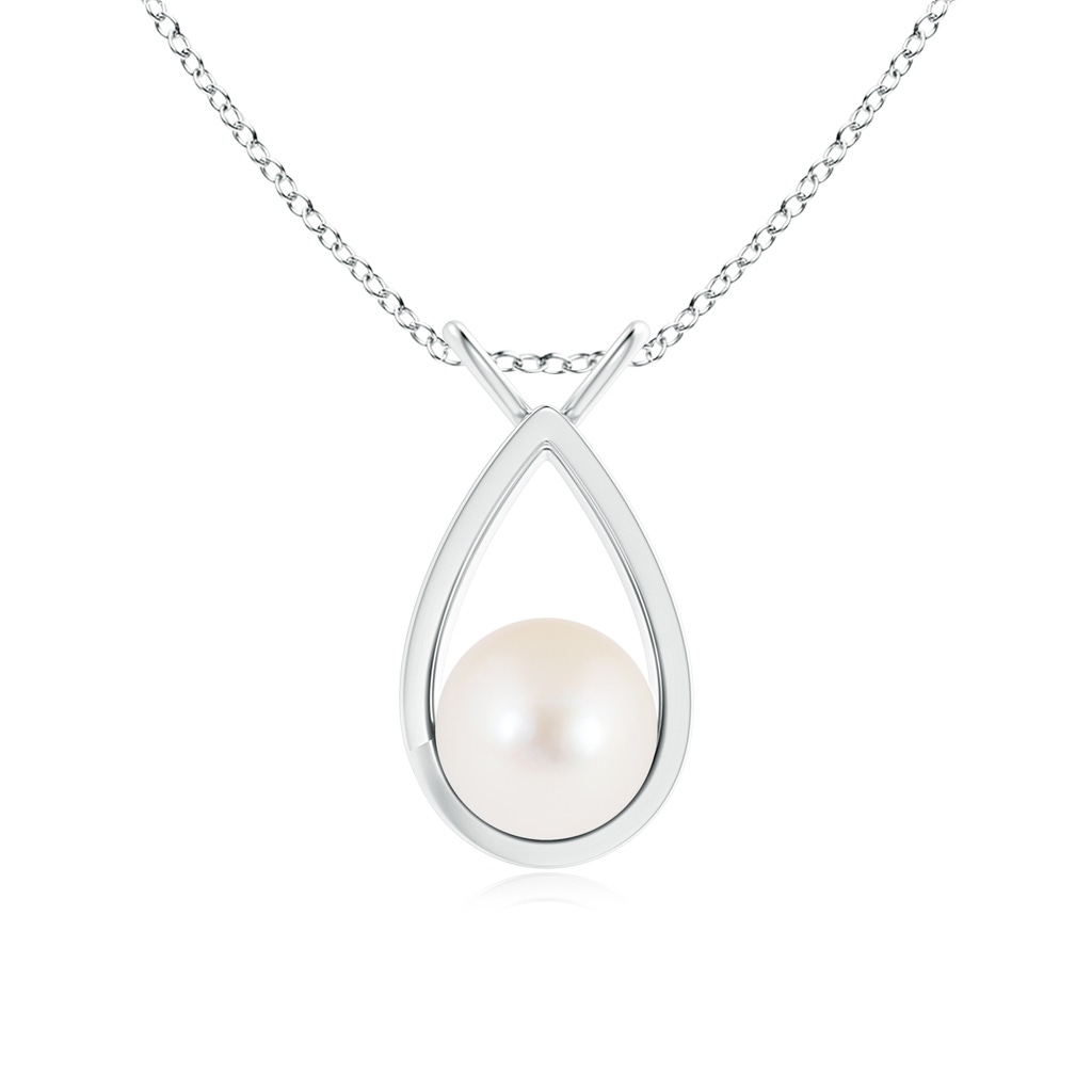 8mm AAA Solitaire Freshwater Pearl V-Bale Drop Pendant in White Gold