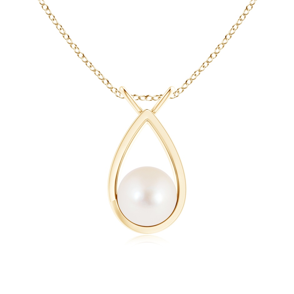 8mm AAA Solitaire Freshwater Pearl V-Bale Drop Pendant in Yellow Gold 